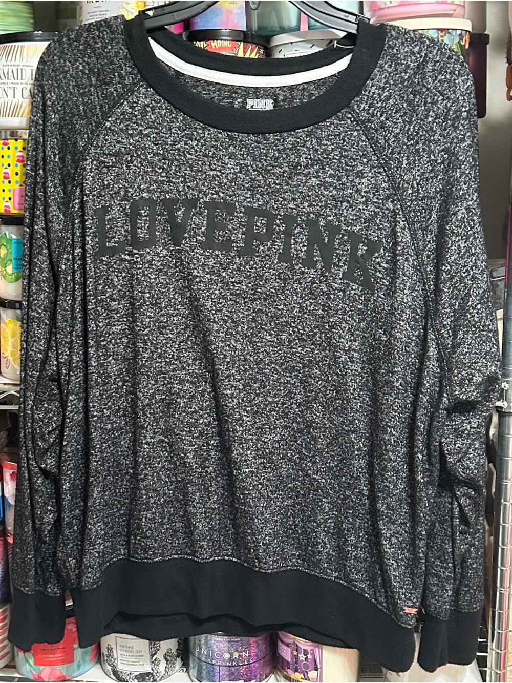 PINK Victoria's Secret Love Pink Black Marled Crewneck Sweater SO SOFT